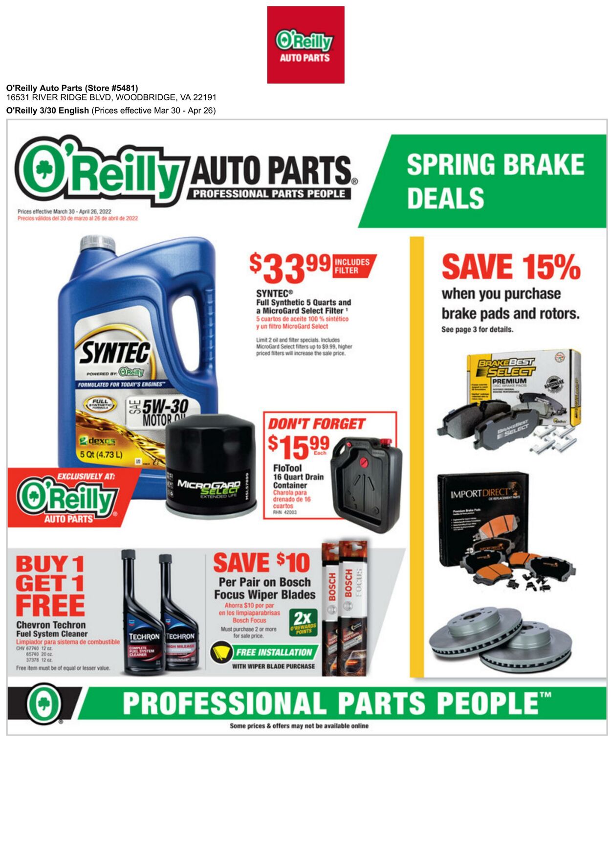 Weeklyad O’Reilly Auto Parts 03/30/2022-04/26/2022